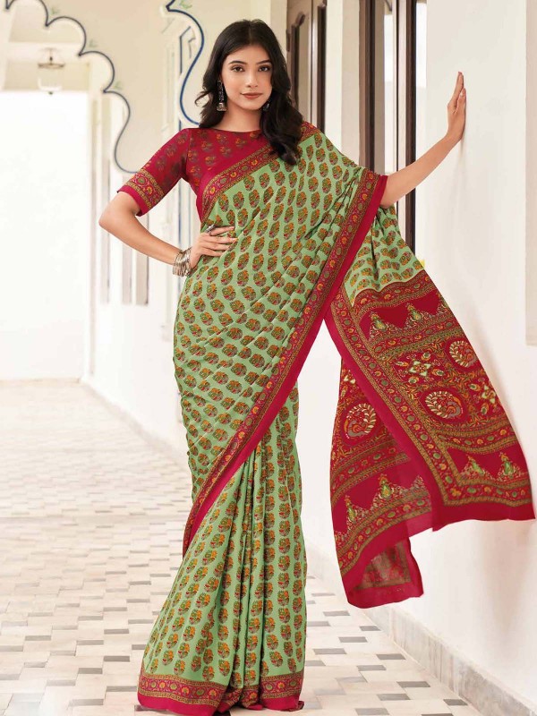 Light Green Crepe Silk Digital Print Saree